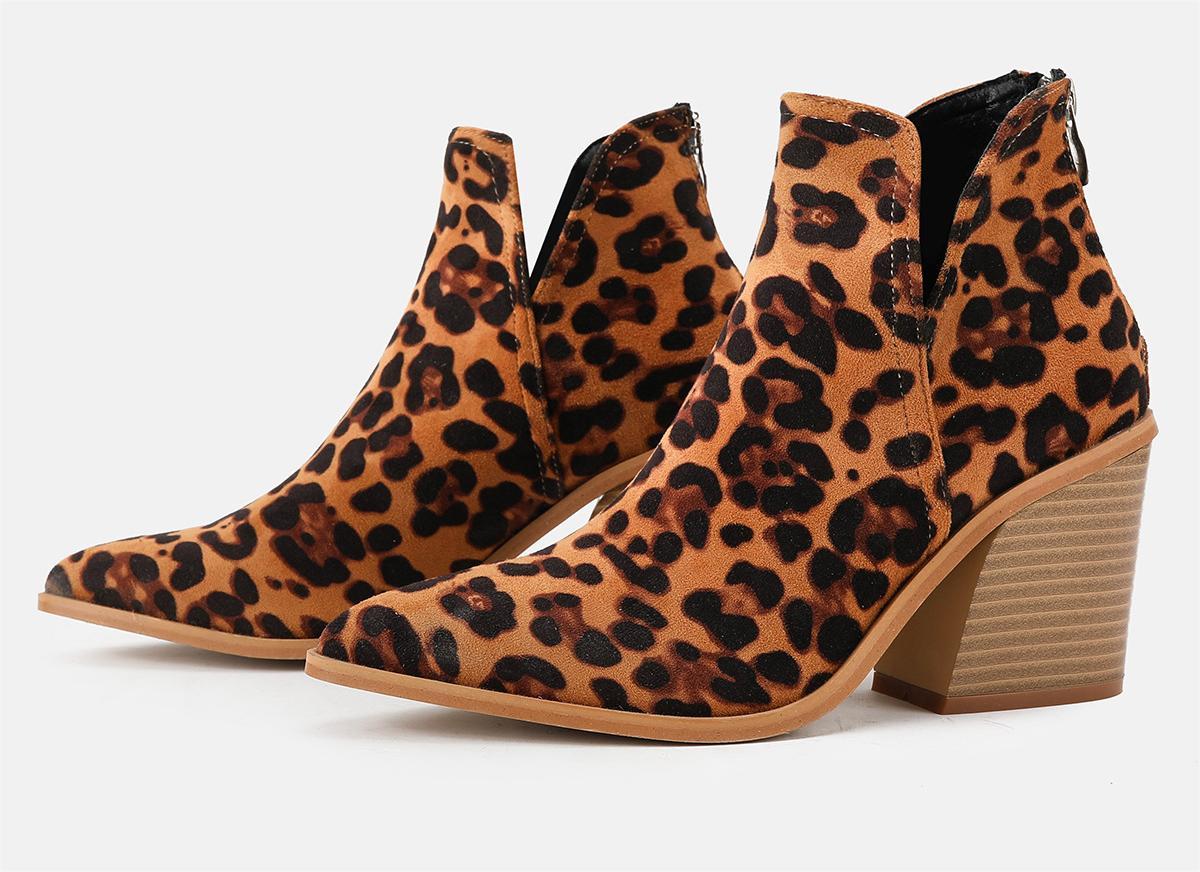 Leopard Print Short Boots for Women Spring Autumn High Heel Martin Boots Chunky Heel Pointed Ankle Boots Women