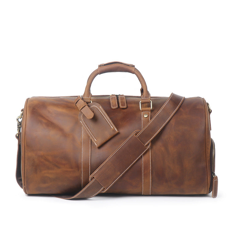 Vintage Full Grain Leather Travel Bag with Shoes Compartment, Large Overnight Travel Duffel for Men