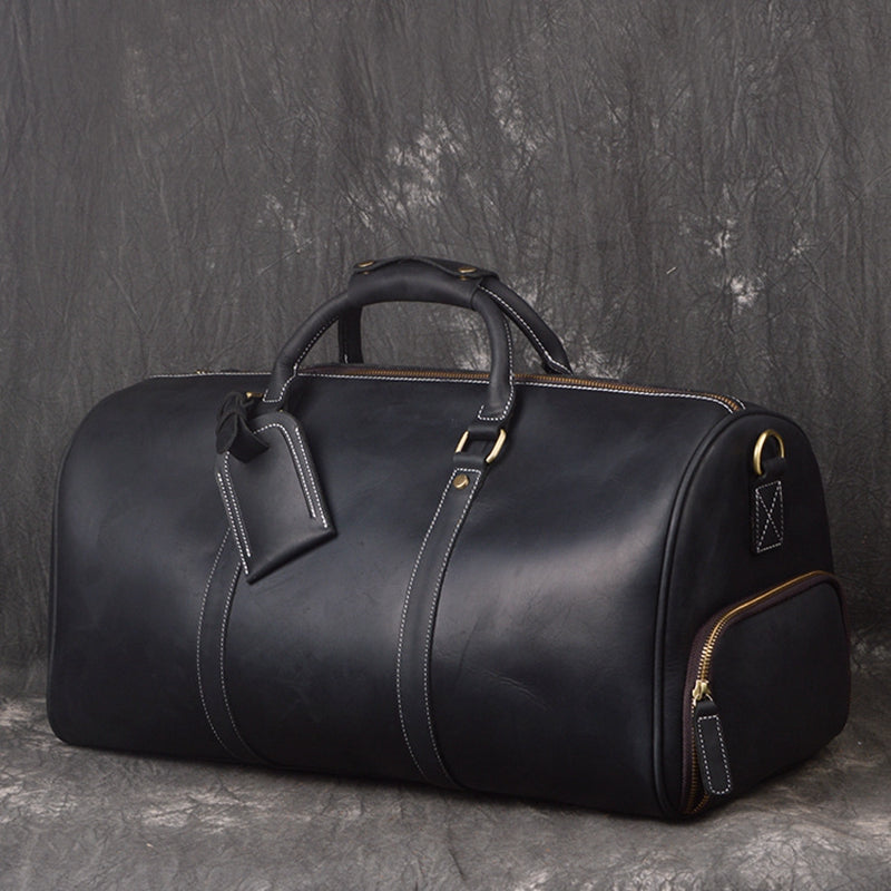 Vintage Full Grain Leather Travel Bag with Shoes Compartment, Large Overnight Travel Duffel for Men