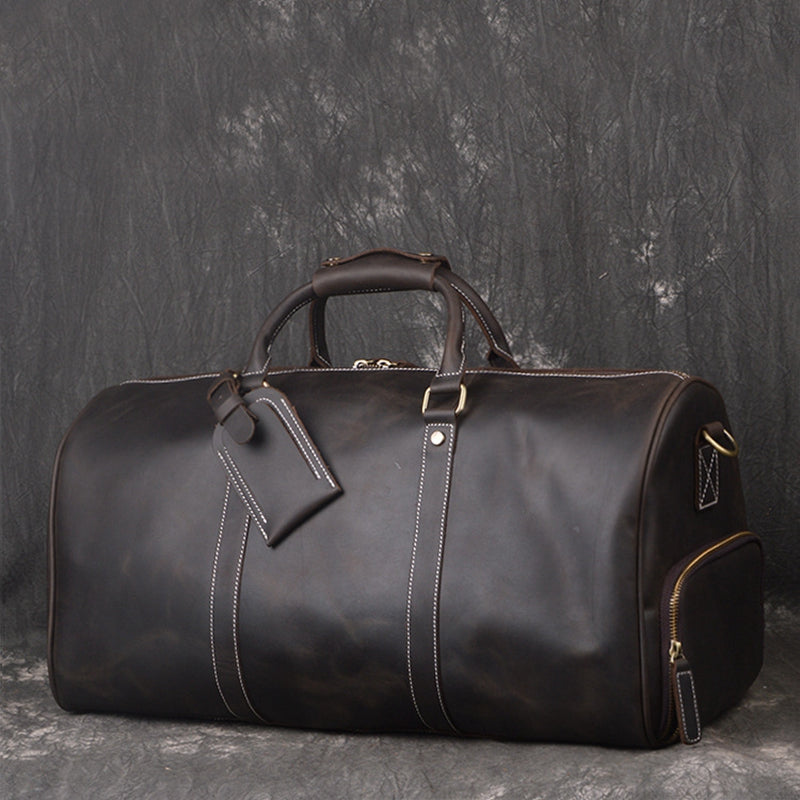 Vintage Full Grain Leather Travel Bag with Shoes Compartment, Large Overnight Travel Duffel for Men