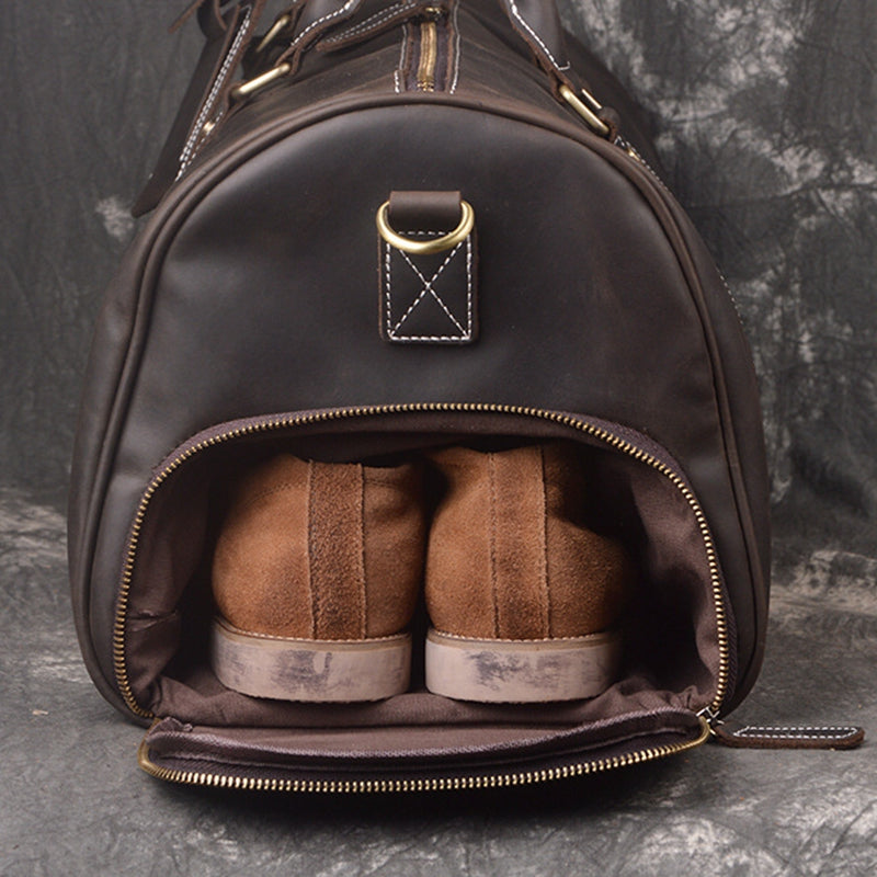 Vintage Full Grain Leather Travel Bag with Shoes Compartment, Large Overnight Travel Duffel for Men