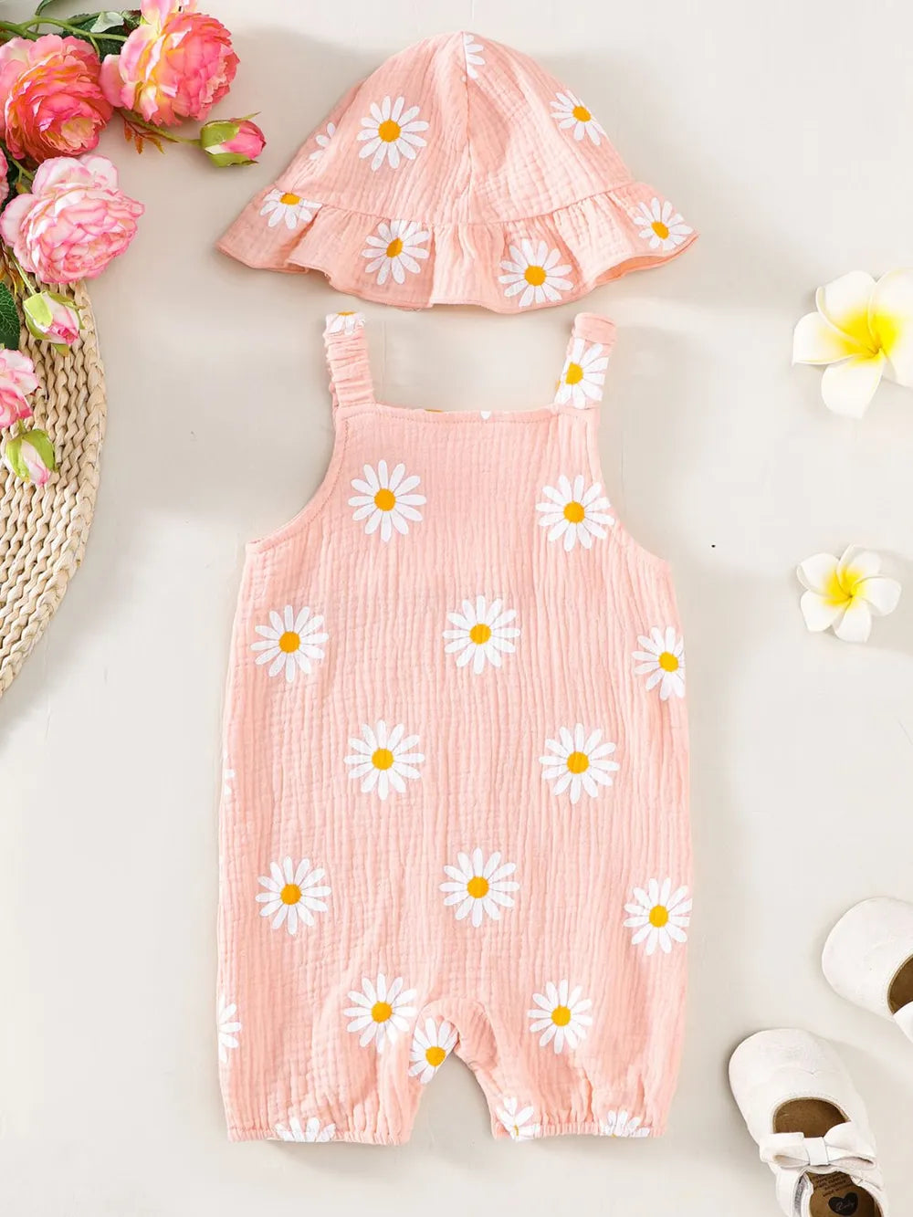 Children's Daisy Textured Wide Strap Romper and Hat Set