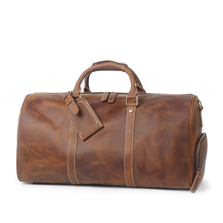 Vintage Full Grain Leather Travel Bag with Shoes Compartment, Large Overnight Travel Duffel for Men
