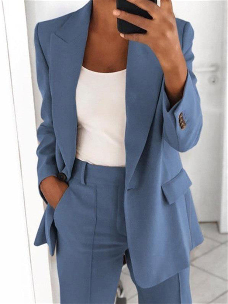 Ins Button Casual Suit Fashion Long-sleeved Lapel Blazer Jacket And Slim-fit Pocket Trousers For Women Clothing