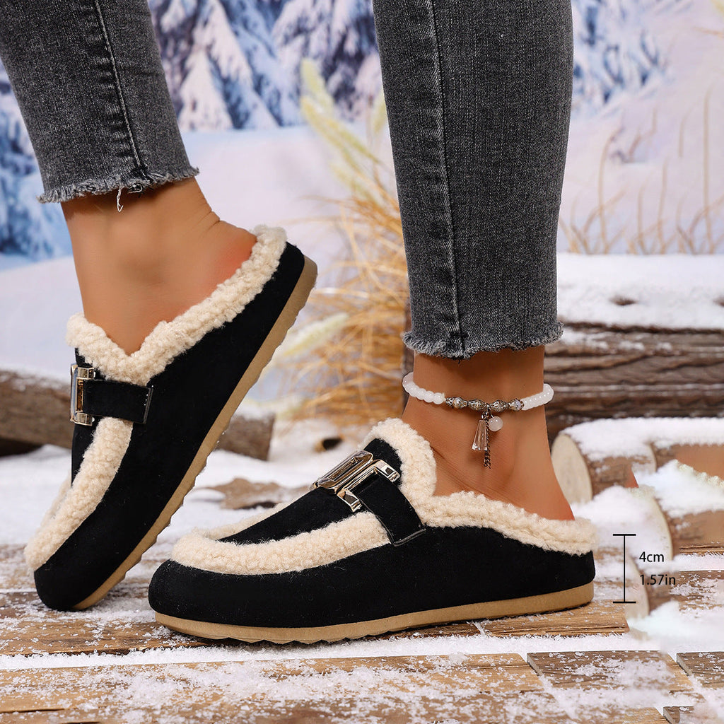 Women's Flat Lamb Wool Slippers Winter New Birkenstock Closed Toe Fluffy Shoes Lazy Cotton Slippers