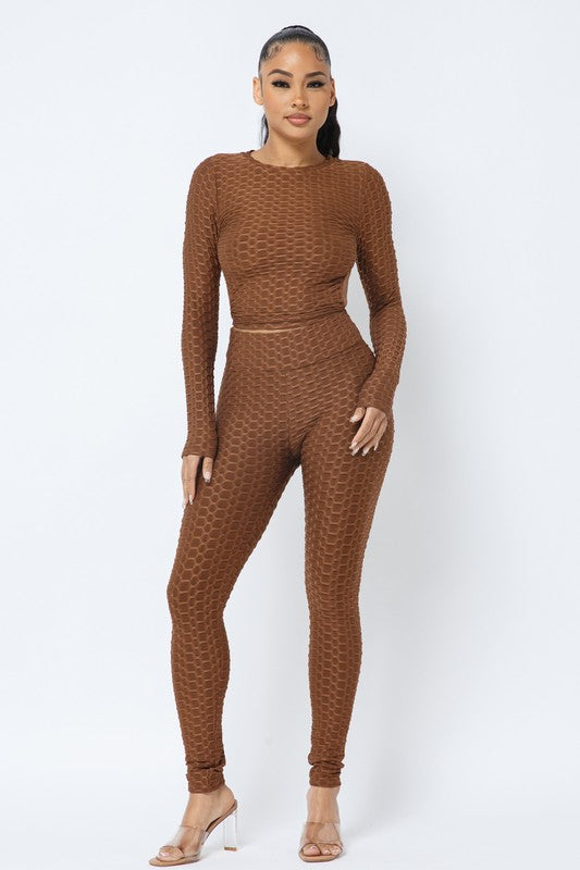 Honeycomb Open Back Leggings Set – Textured 2 Piece Outfit