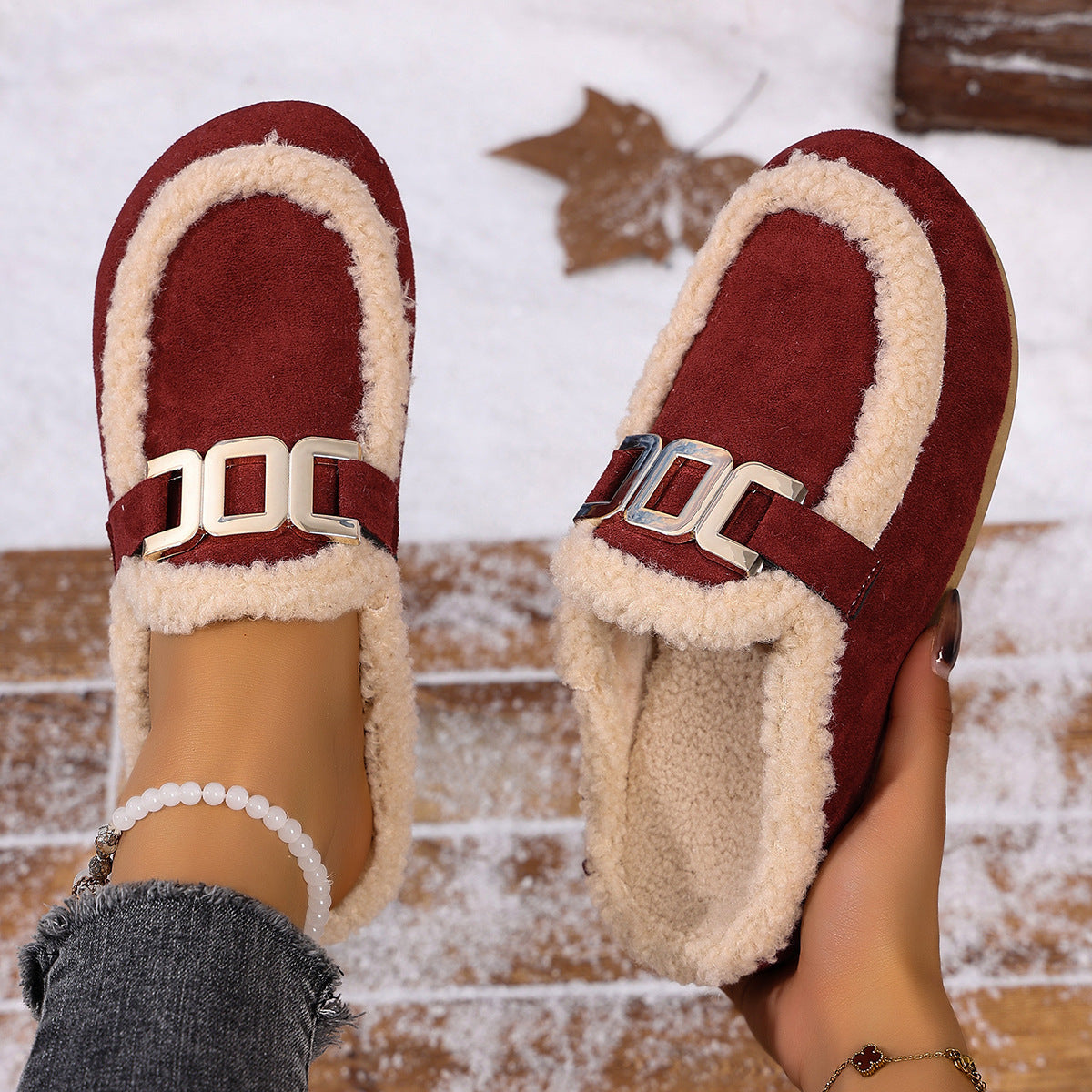 Women's Flat Lamb Wool Slippers Winter New Birkenstock Closed Toe Fluffy Shoes Lazy Cotton Slippers