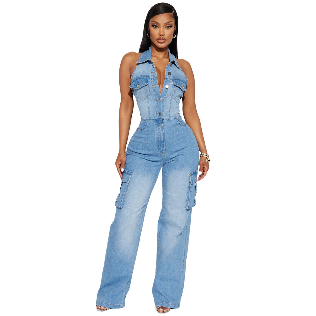 Slimming, Stretchy, Loose-fit Denim Jumpsuit For Women