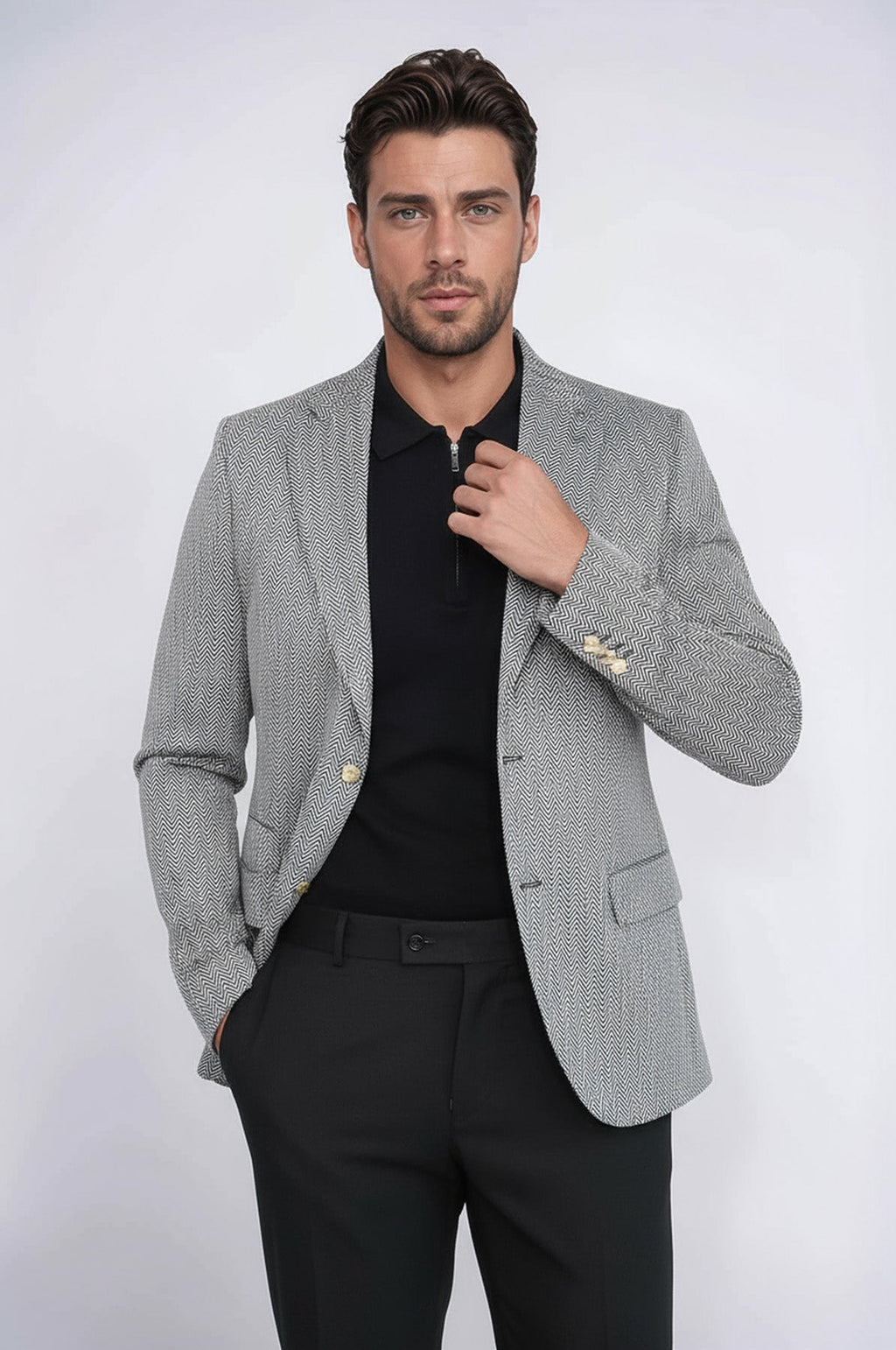 Black Herringbone Pattern Gold Metal Button Slim Fit Men's Blazer Jacket - Wessi
