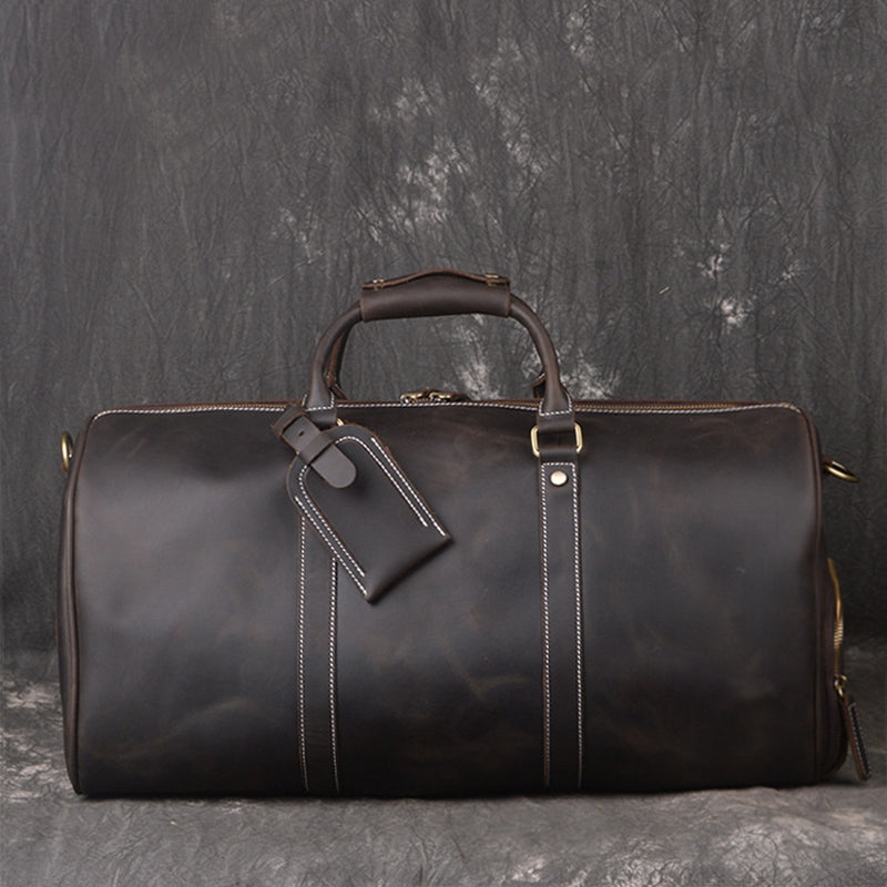 Vintage Full Grain Leather Travel Bag with Shoes Compartment, Large Overnight Travel Duffel for Men