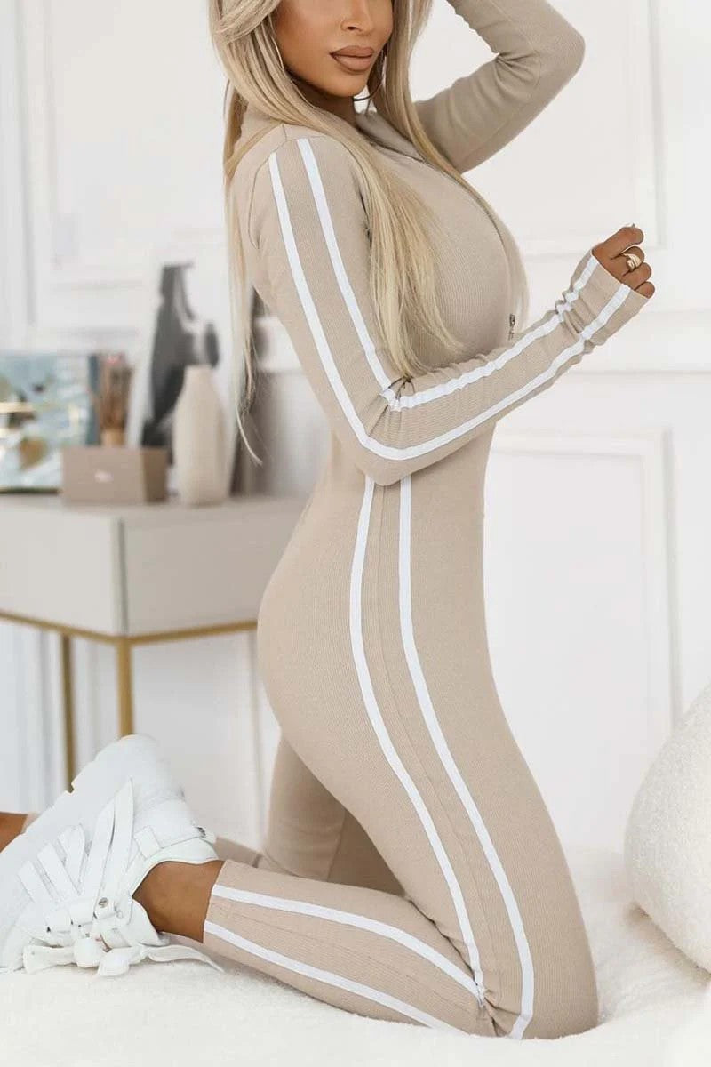 Autumn Winter Women Slim Striped Half Zipper Jumpsuit