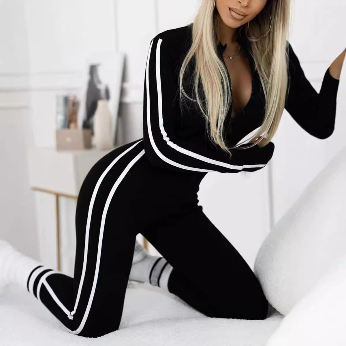 Autumn Winter Women Slim Striped Half Zipper Jumpsuit