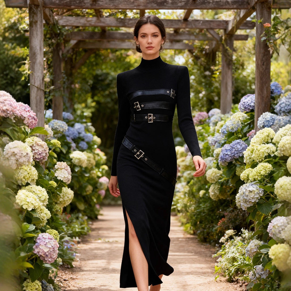 Turtleneck Solid Color Dress Spring High Grade Long Sleeve Split Metal Decorative Dress Women