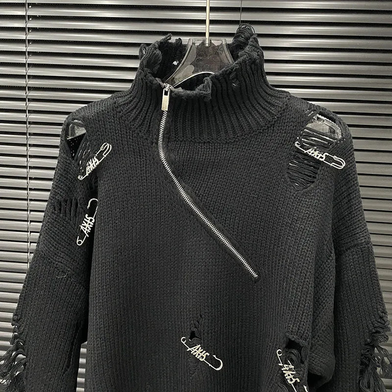 Distressed Half-Zip High Collar Knit Sweater