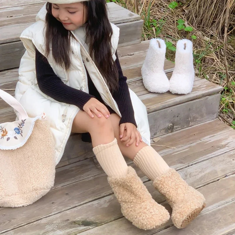 Winter Kids Thermal Boots Warm Girls Furry Hairy Ankle Boots Simple Fashion Children's Outdoor Snow Boots Non-slip Versatile