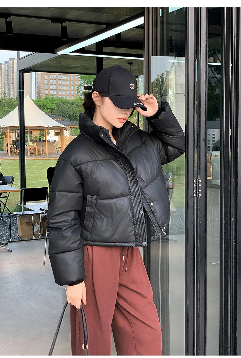 Women Winter Cropped Jacket – Warm Cotton-Padded Puffer Coat