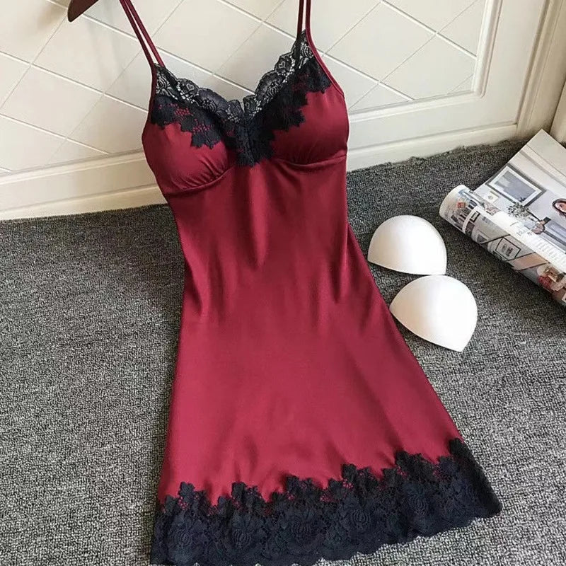 Sexy Women  Silk Robe Dress Nightdress Soft Lace Casual Nightgown Straps Sleepwear Nightdres