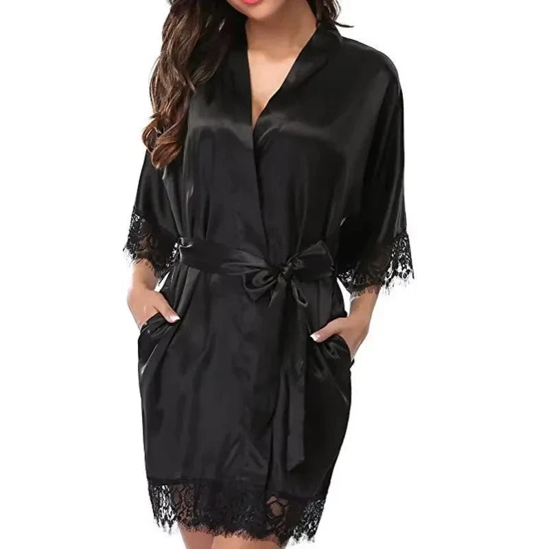 Women  Elegant Lightweight Black Satin Robe with Delicate Lace Trim Perfect for Lounging Sleepwear or Bridesmaids