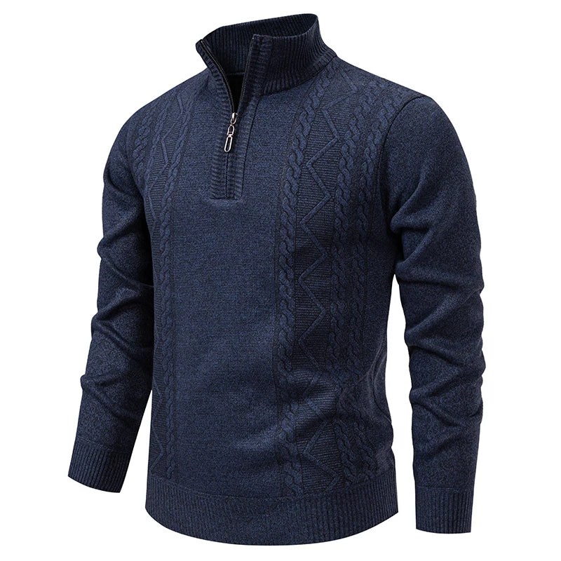 Winter Fleece-Lined Stand Collar Half-Zip Pullover Knitted Sweater for Men,Multi-Color Versatile Casual  Men's Knit Sweater