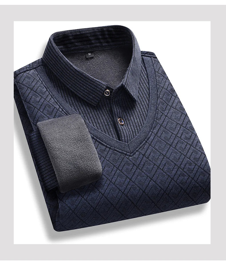 Retro Winter Pullovers Men Polo Neck Sweaters Fashion Striped Fleece Lined Polo Shirt Jumper Thick Knitting Sweaters