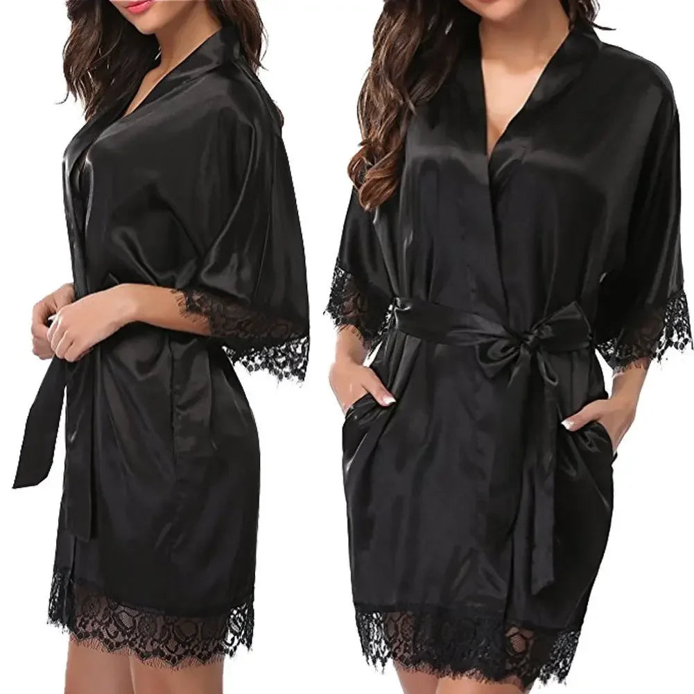 Women  Elegant Lightweight Black Satin Robe with Delicate Lace Trim Perfect for Lounging Sleepwear or Bridesmaids
