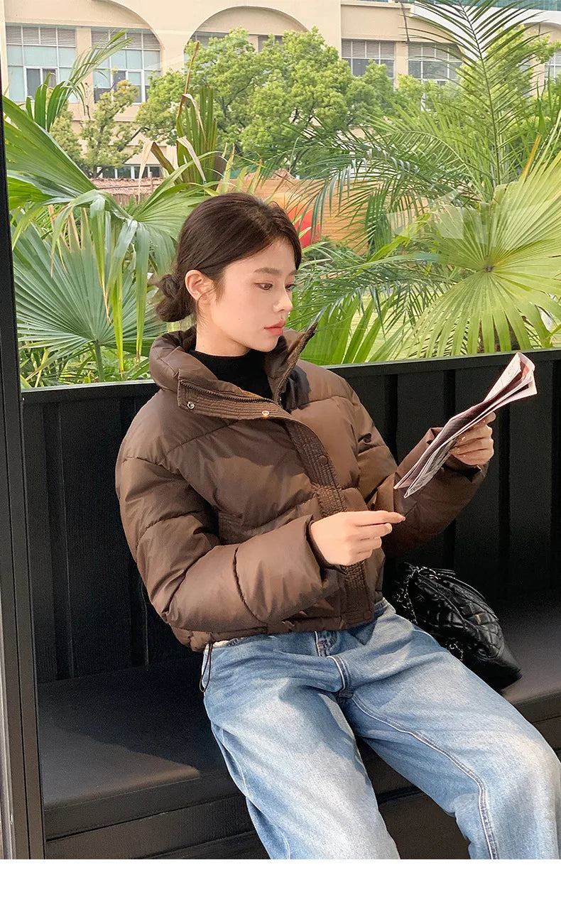Women Winter Cropped Jacket – Warm Cotton-Padded Puffer Coat