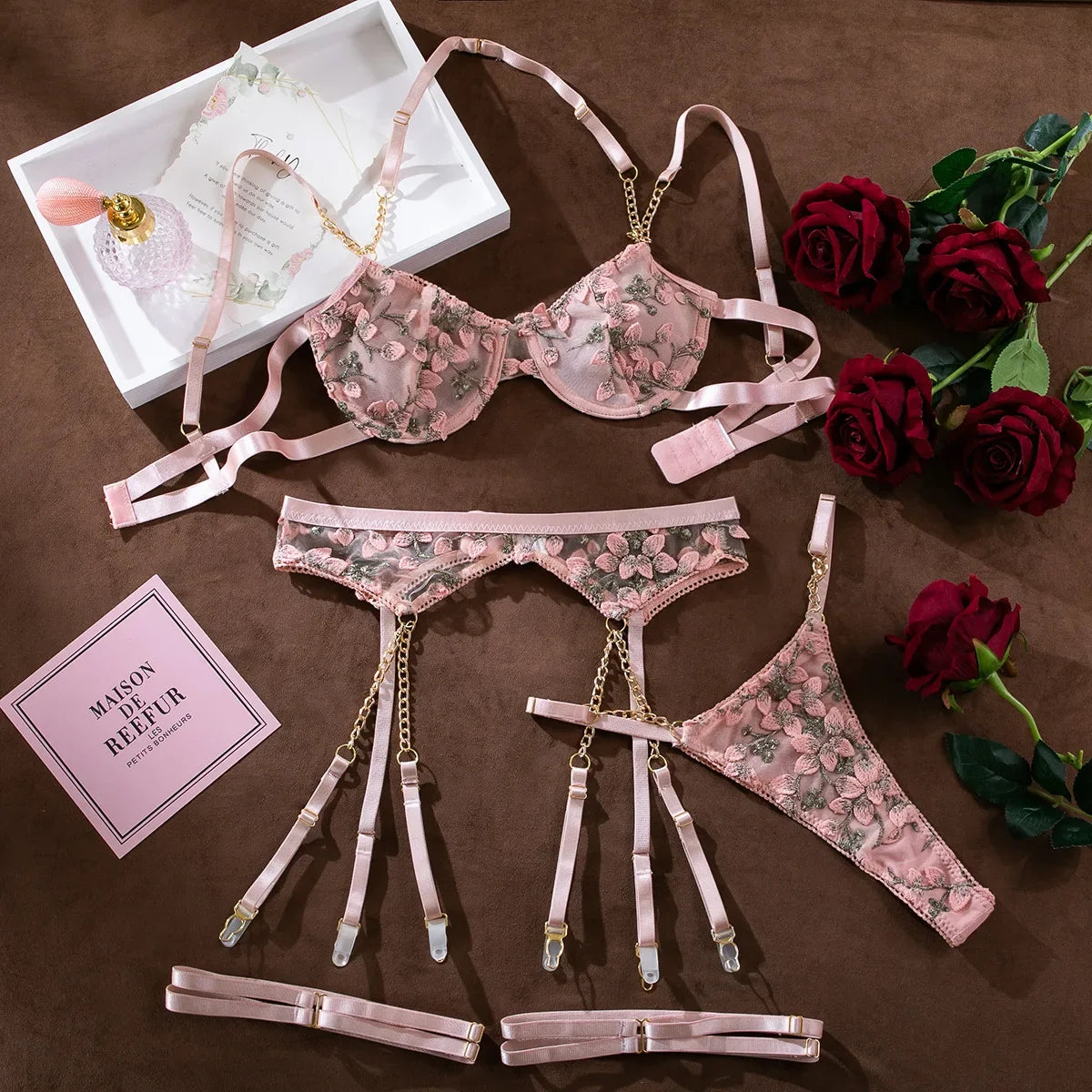 Laced Bra Lingerie Sexy Floral Embroidery Underwear Transparent Fairy Set Woman 2-Piece Boho Bra + Panty Underwear Set Intimates