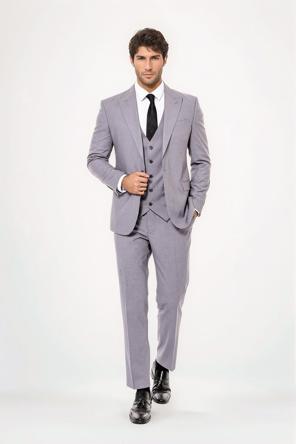 Grey Men's Plain Suit with Vest - Wessi