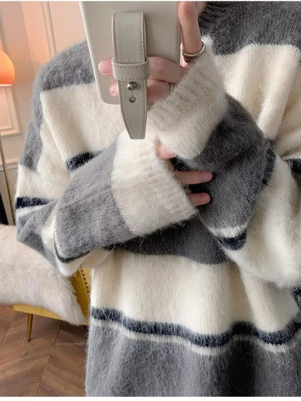 Men's Striped Fuzzy Knit Pullover Sweater