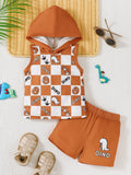 Children's Dinosaur Checkered Sleeveless Hooded Top and Shorts Set