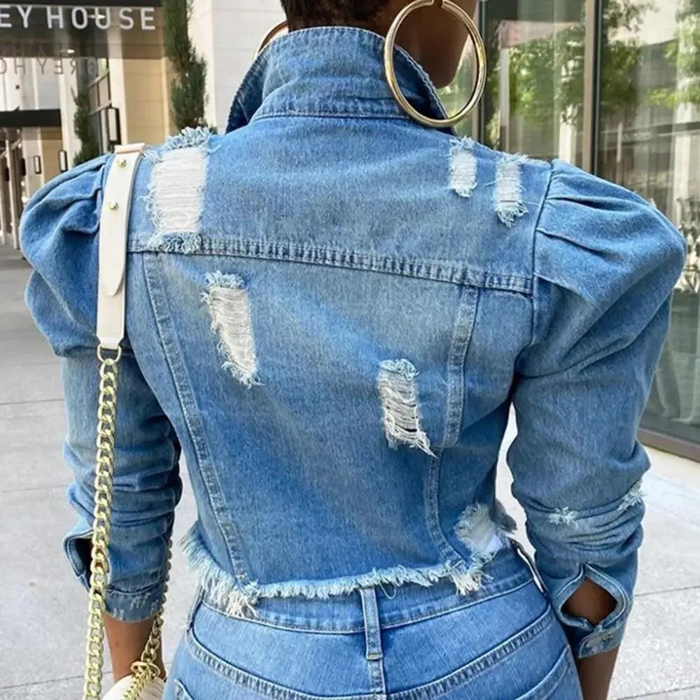 Women's Ripped Puff Sleeve Denim Jacket