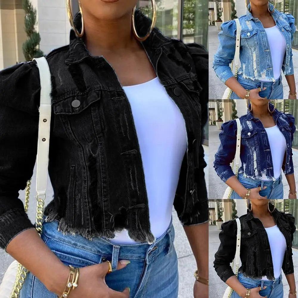 Women's Ripped Puff Sleeve Denim Jacket