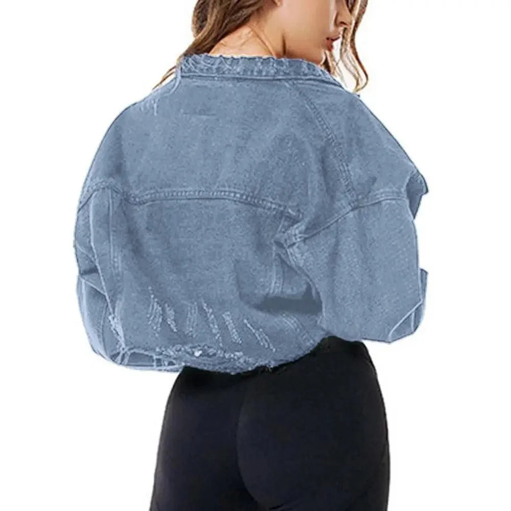 Women's Ripped Puff Sleeve Denim Jacket