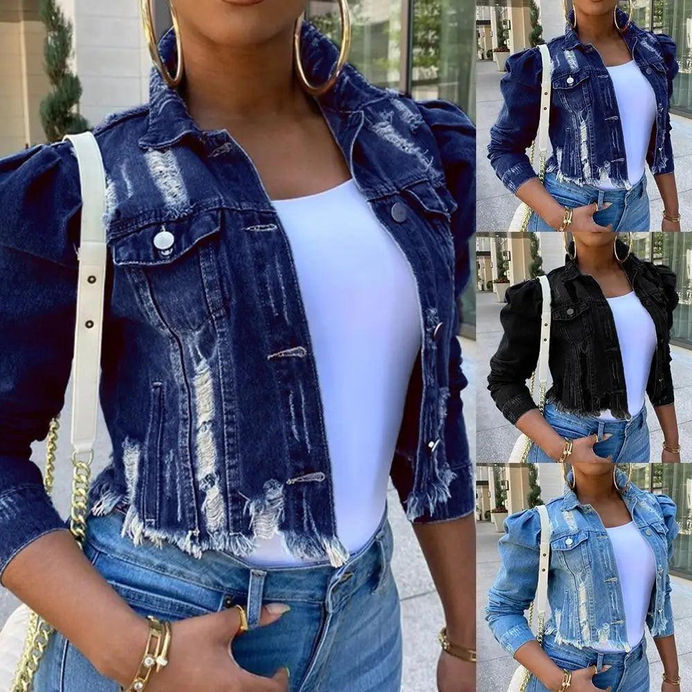 Women's Ripped Puff Sleeve Denim Jacket