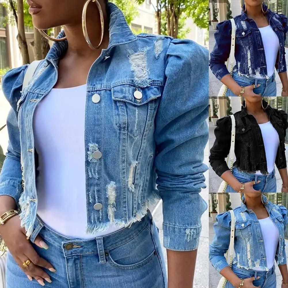 Women's Ripped Puff Sleeve Denim Jacket