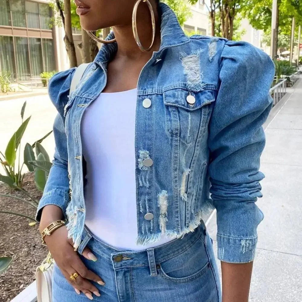 Women's Ripped Puff Sleeve Denim Jacket