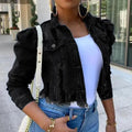 Women's Ripped Puff Sleeve Denim Jacket