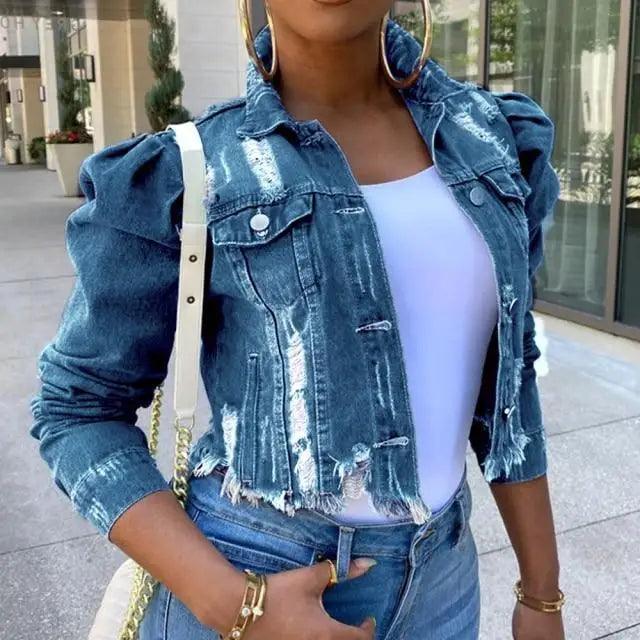 Women's Ripped Puff Sleeve Denim Jacket