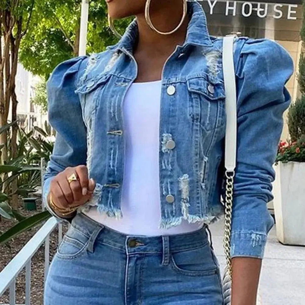 Women's Ripped Puff Sleeve Denim Jacket