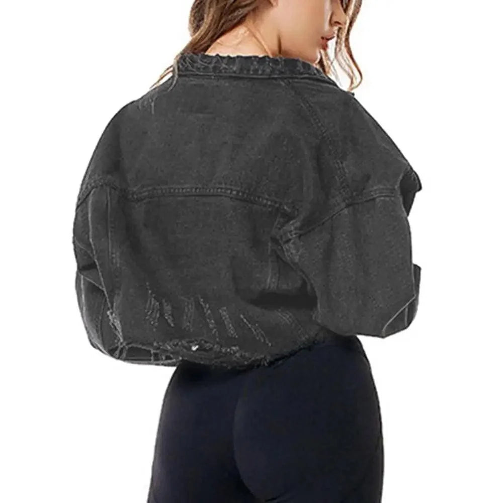 Women's Ripped Puff Sleeve Denim Jacket