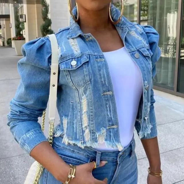Women's Ripped Puff Sleeve Denim Jacket