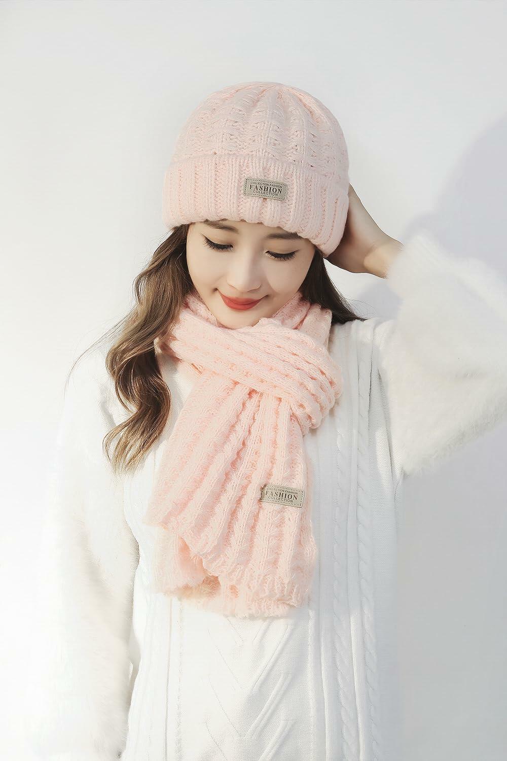 Wander Agio Women's Winter Wool Knit Beanie & Scarf Set Pink 3pc