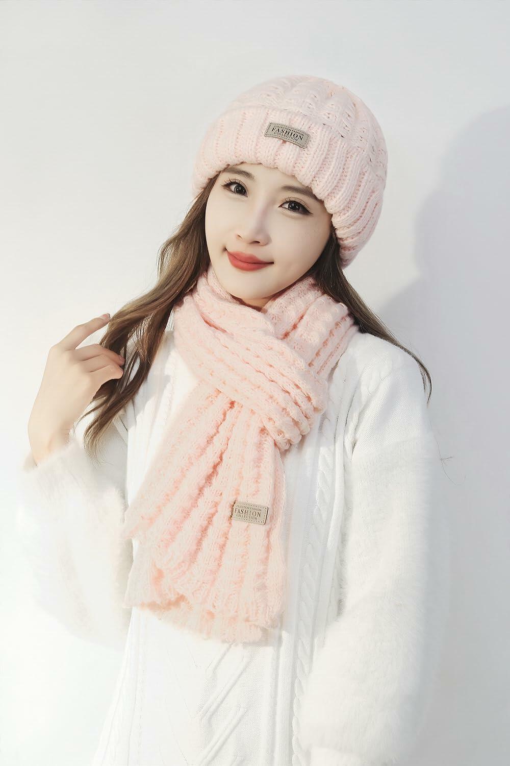 Wander Agio Women's Winter Wool Knit Beanie & Scarf Set Pink 3pc