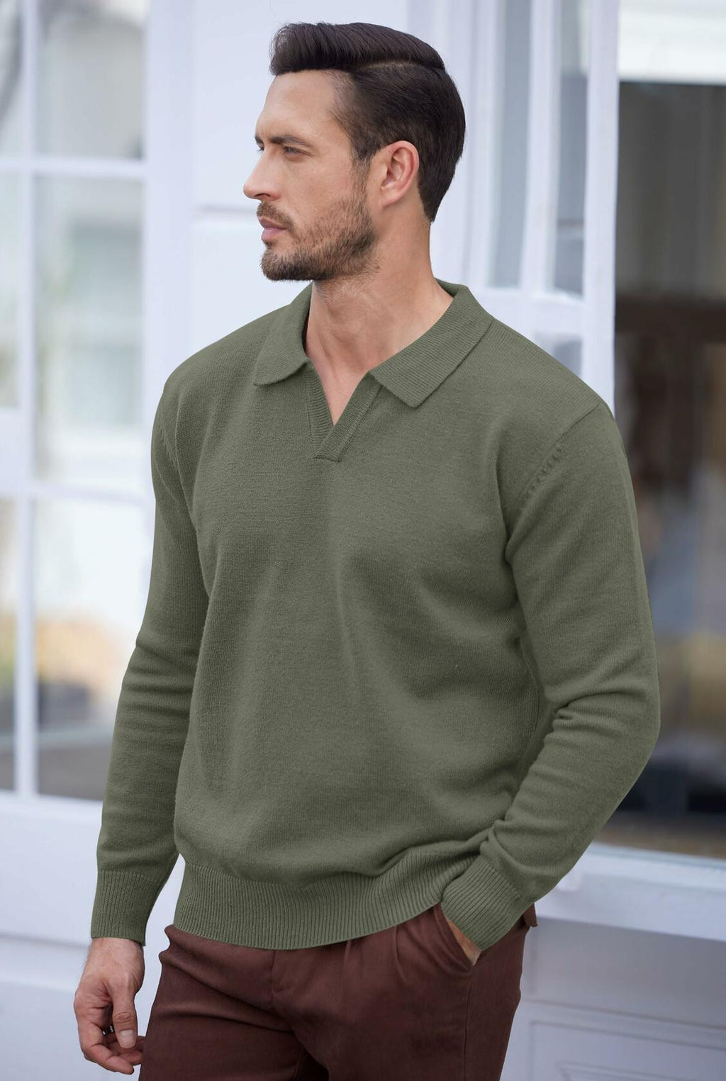 Herberton Men's Polo Sweater Pullover V Neck Long Sleeve Grey Size L