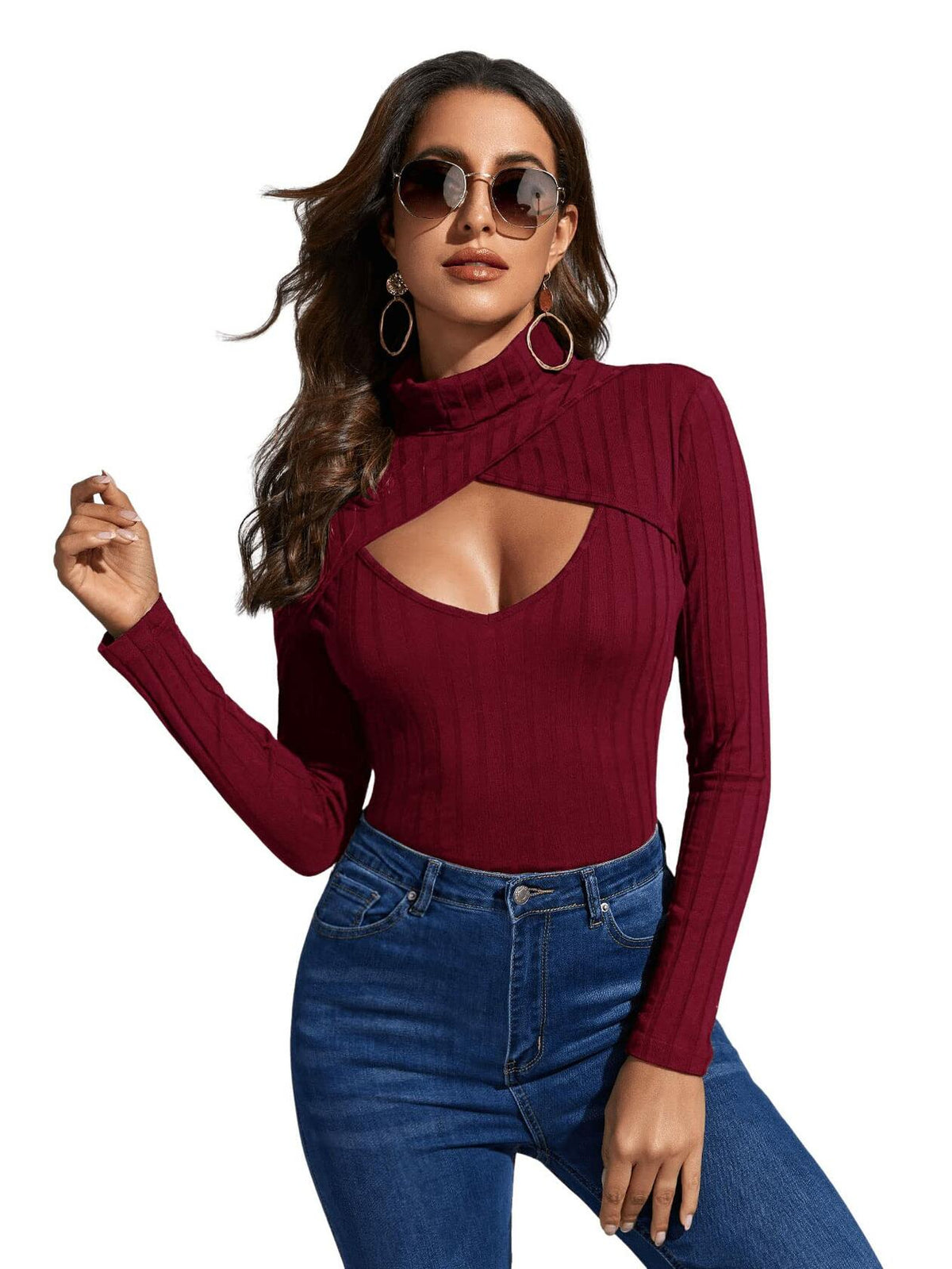 Women's Long Sleeve Turtleneck Cut Out Front Ribbed Knit Tee Shirt Burgundy S