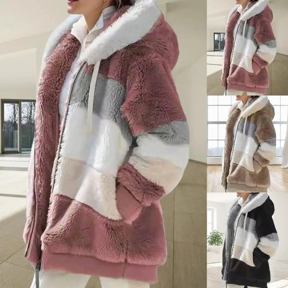 Women's Plus Size Color Block Hooded Coat