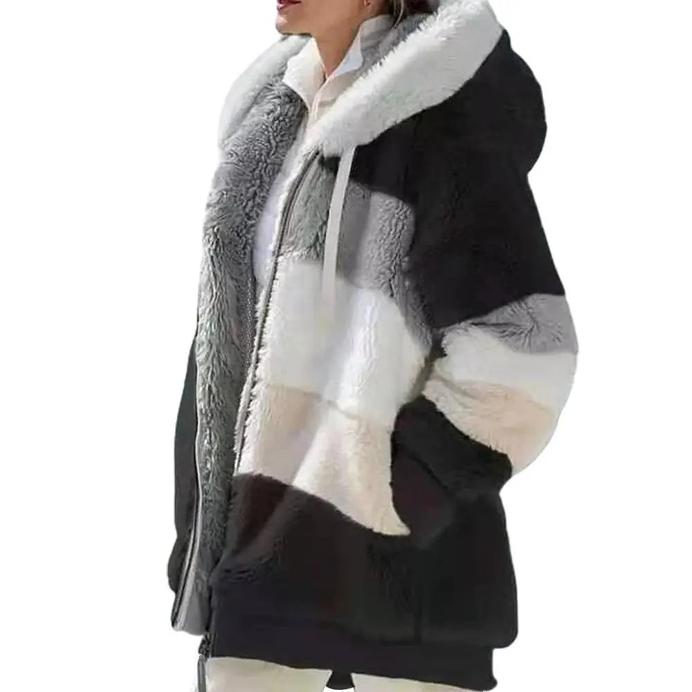 Women's Plus Size Color Block Hooded Coat