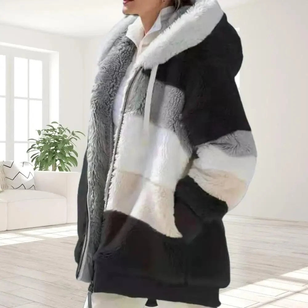 Women's Plus Size Color Block Hooded Coat