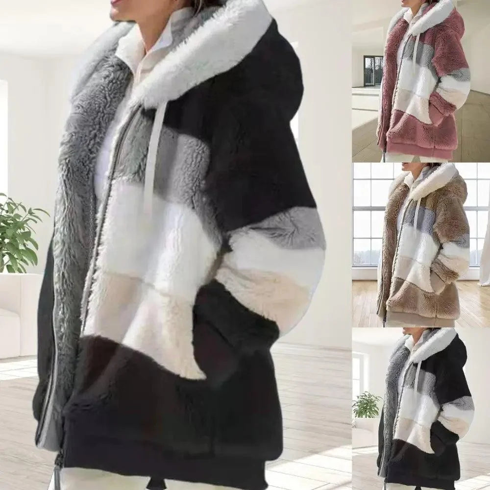 Women's Plus Size Color Block Hooded Coat