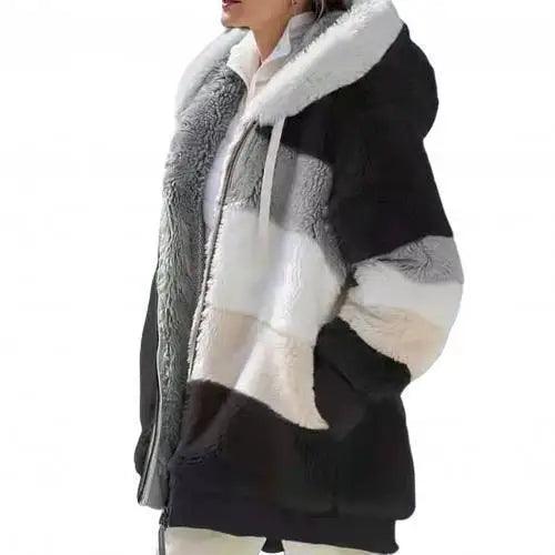 Women's Plus Size Color Block Hooded Coat